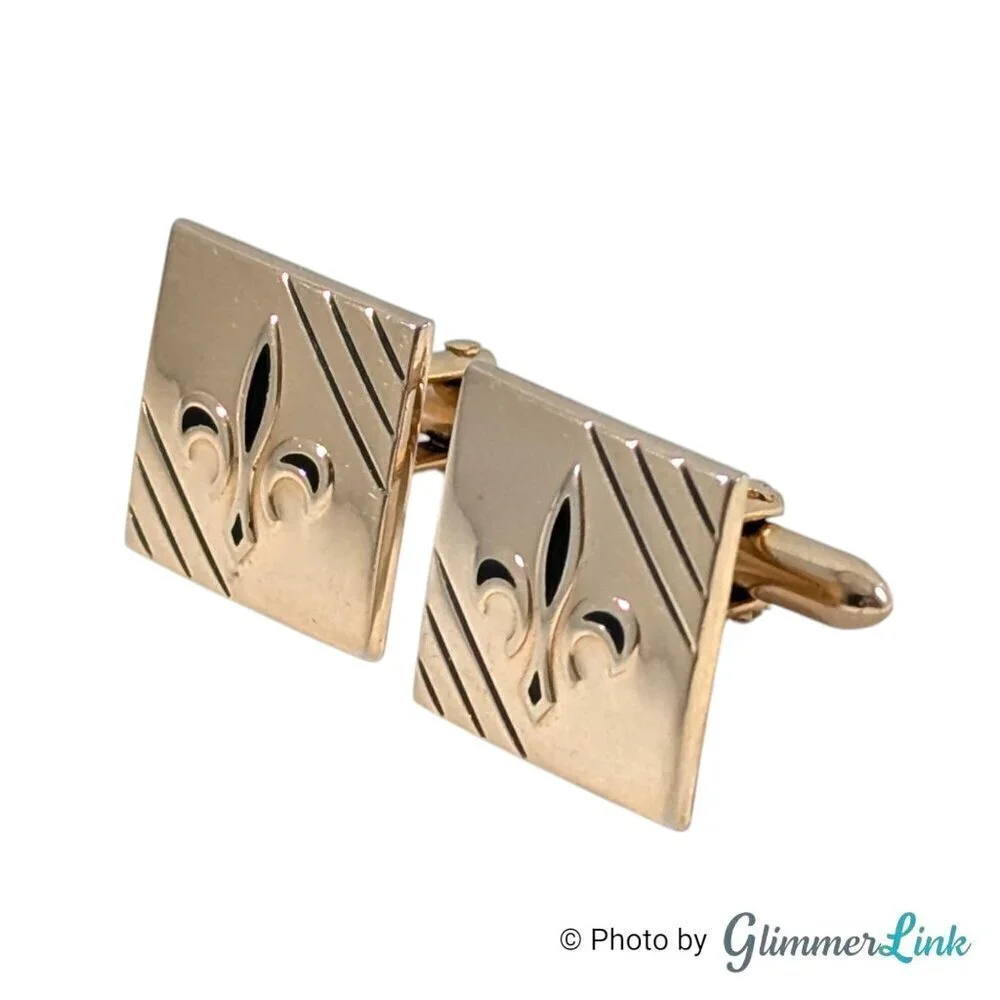 Vintage Swank Square Fleur de Lis Diagonal Stripes Gold Tone Cufflinks